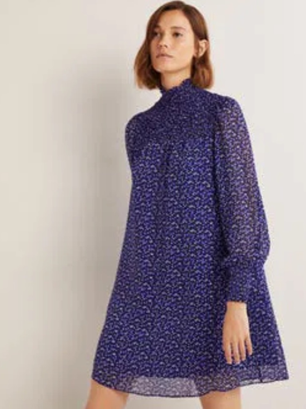 •Boden• blue smocked yoke metallic dress